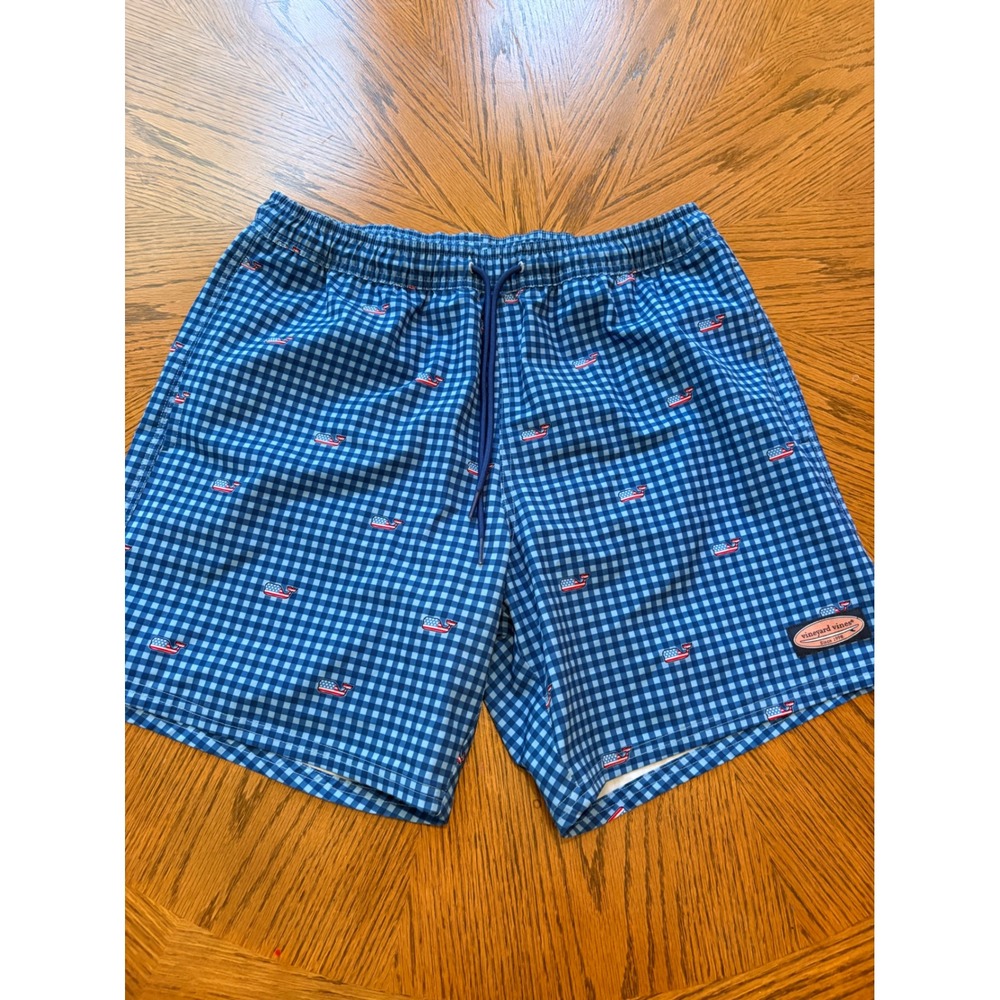 Vineyard Vines Mens Blue Gingham American Flag Whale Swim Trunks Size M